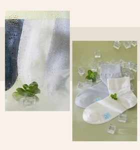 Breathable mesh knit texture of cooling mint socks with ice cube cooling effect display