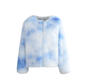 Detail of faux fur coat featuring blue and white tie-dye pattern and soft texture
