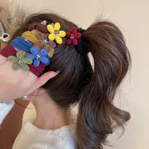 Élastiques À Cheveux En Tissu Flocage Floral Vintage Avec Strass Étincelants Porte Queue De Cheval Haute Élasticité Pour Femmes