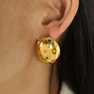 Gold lava drop earrings with colorful rhinestones in a stylish oval stainless steel design