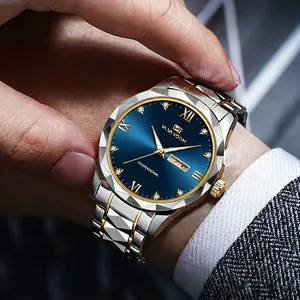 Men's quartz watch with blue dial, day-date display, and silver-gold stainless steel band