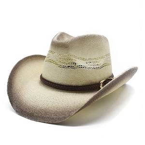Western Cowboy Straw Hat Breathable Paper Sunshade Beach Hat With Gradient Brim And Leather Band Vintage Style For Summer