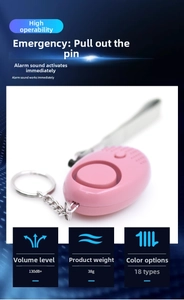 Pink egg-shaped personal alarm 130dB with metal keychain and safety pin detail