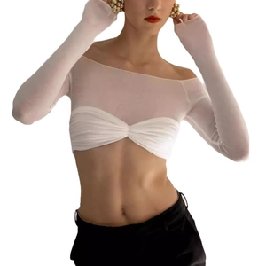 Detail of white off-shoulder long sleeve top with mesh ruched chest and cropped fit