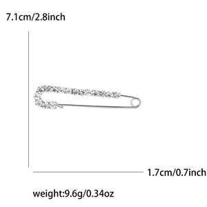 Silver alloy safety pin brooch with sparkling rhinestones and clear size measurements