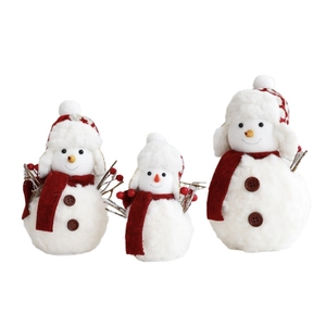 Three-piece set of plush Christmas snowman dolls with knit hats and red scarves