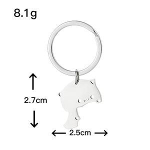 Cute stainless steel cat-shaped keychain with detailed measurements in a silver finish