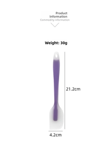 Detailed size chart for a purple silicone spatula with ergonomic handle and translucent head