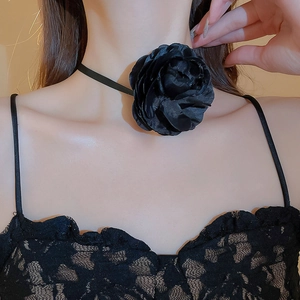 Elegant black lace fabric large flower choker necklace for women on neck closeup