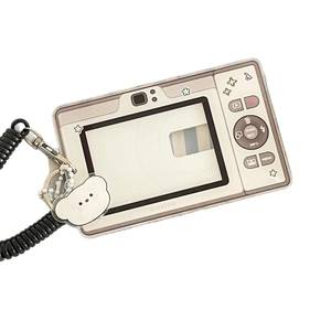 Retro camera-style acrylic card holder with a white bear charm and spring lanyard