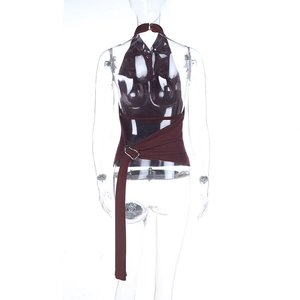 Detail of cross-wrap backless halter top in dark brown with decorative metal ring