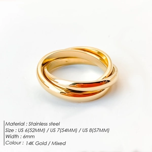 Polished stainless steel triple interlocking ring in 14K gold mixed colors for women