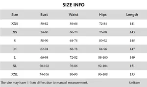 Detaillierte Größentabelle für rückenfreies ärmelloses Kleid mit Maßen für Brust und Taille