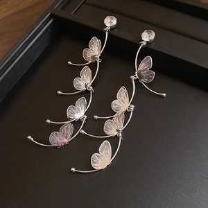 Detailed view of silver butterfly long tassel earrings with sparkling rhinestones