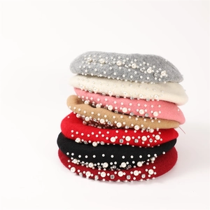 Chic solid color cashmere berets for women featuring elegant pearl and rhinestone beads