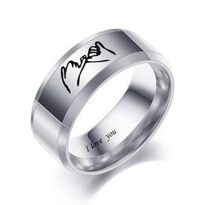Macro shot of 8mm stainless steel ring with pinky swear gesture and I Love You engraving