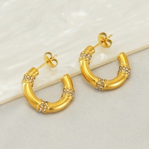 Stainless Steel Earrings 18K Gold Plated C Shape Hoop Rhinestone Pave Geometric Minimalist Fashion For Women Gift