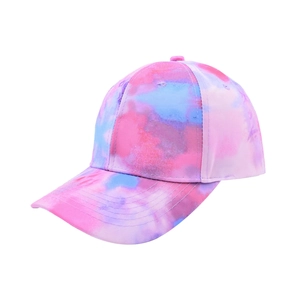 Tie-dye baseball cap with pink purple and blue gradient colors and curved brim for outdoor use