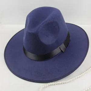 Chapeau fedora en laine bleu marine avec ruban de satin noir et large bord pour adultes