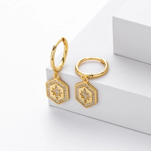 Elegant gold S925 sterling silver hoop earrings with zircon star pendant for women