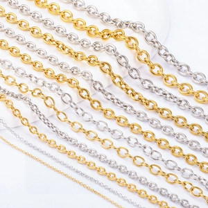 Macro view of gold and silver stainless steel oval link chains in various sizes