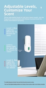 Detail view of white smart scent diffuser with three adjustable mist interval settings