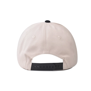 Close-up of adjustable snapback closure on beige cotton twill baseball cap back view