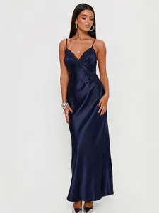 Abito Maxi In Raso Blu Notte Con Bordo In Pizzo Scollo A V Schiena Scoperta Senza Maniche Elegante Vita Alta Per Donna