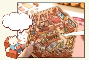 Close-up of 3D PET cat theme stickers showing layered DIY miniature room scenes