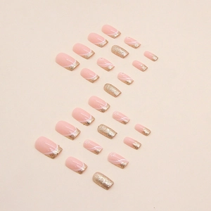 Faux ongles French rose brillant avec paillettes dorées et fleurs, lot de 24 pièces