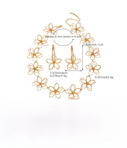 Detailed specs of hollow flower necklace and earrings set with measurements