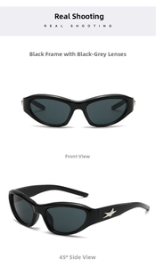 Front and 45-degree side view of black thick oval sunglasses with silver star details