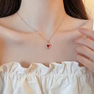 Herz Anhänger Halskette Roségold Vergoldetes Kupfer Mit Rotem Herz Zirkonia Und Perlmutt Französischer Vintage Stil Damen