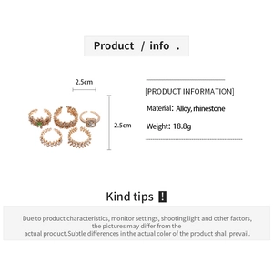 Detail view of 5-piece gold alloy ring set with rhinestones and floral square designs