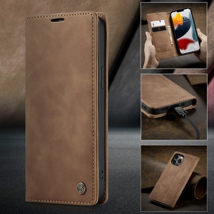 Brown vintage leather flip wallet case with card slots and kickstand for smartphones