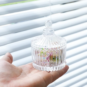 European style crystal glass candy jar with striped relief texture and dome lid