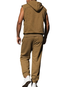 Back view of brown sleeveless tracksuit set for men with textured knit cotton hoodie