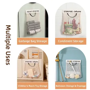Hanging mesh storage bag for grocery bags and home organization shown in 4 usage scenarios