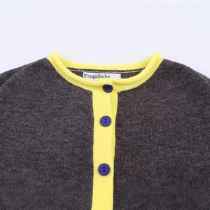 Fashionable color-block knitted cardigan in dark grey with bright yellow collar accents