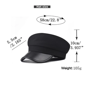 Size chart of black newsboy hat showing 58cm head circumference and 5.5cm brim detail