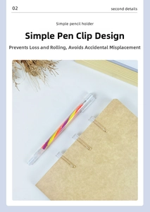 Close-up of clear plastic pencil holders clipped onto a kraft notebook with a rainbow pen