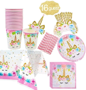 Rainbow unicorn party tableware set for 16 guests with pink floral disposable plates and cups