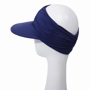 Detail view of the navy blue sun visor showing its elastic pleated fabric and wide brim