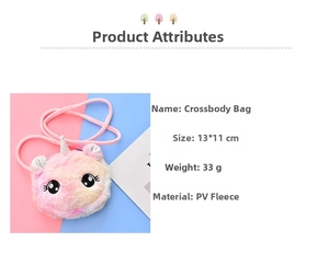 Detail showing plush unicorn bag dimensions 13x11cm in macaron gradient colors