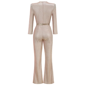 Rear view detail of rose gold sequin jumpsuit showing slim fit and back zipper line