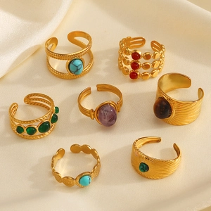 Vintage 18k gold plated stainless steel rings set with various colorful natural gemstones