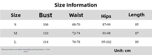 Detailed size guide table for body measurements of this backless mini dress in centimeters