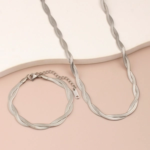French vintage silver 18K double-layered flat snake bone chain necklace and bracelet set