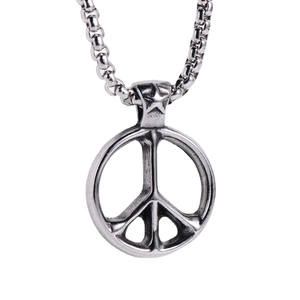 Vintage stainless steel peace sign pendant necklace with star detail on box chain