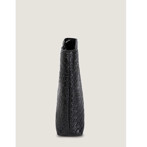 Side view of a black woven pattern PU leather tote bag with a sleek and structured silhouette
